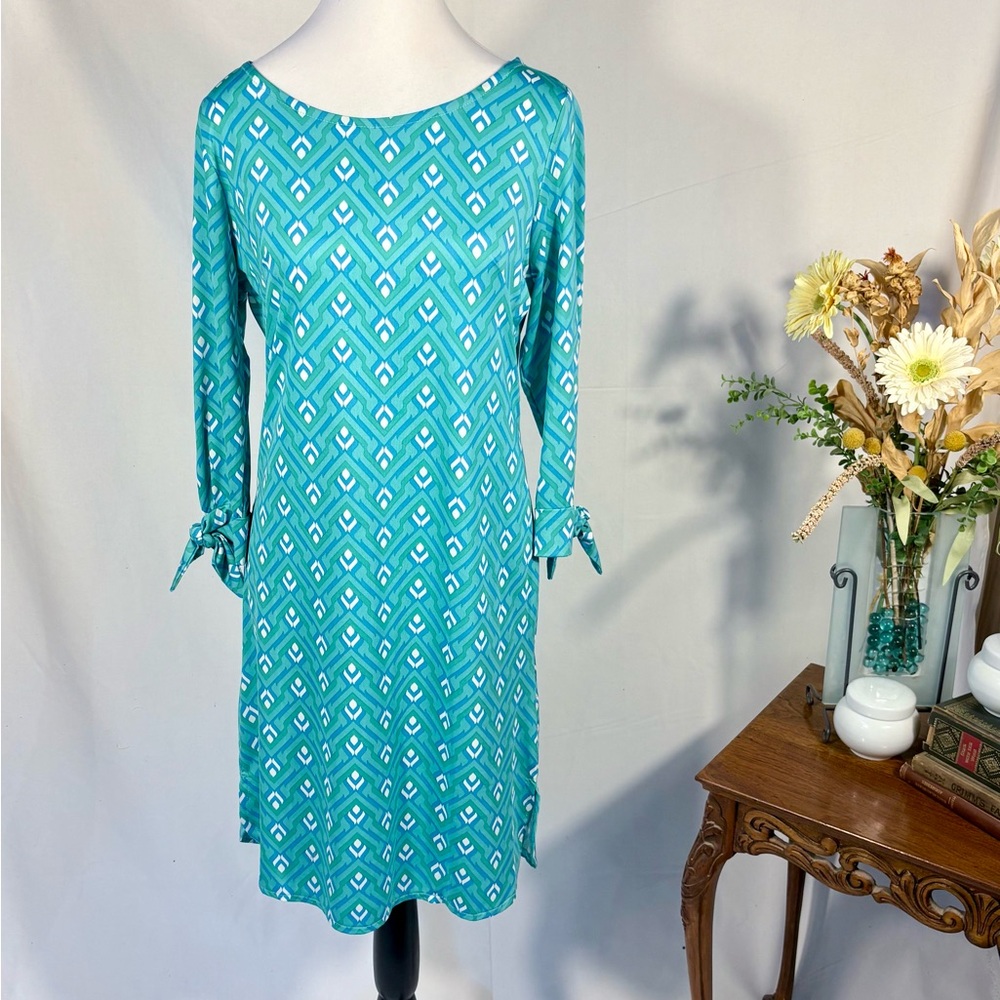 Escapada Living Aqua Geometric Print Bow-Sleeve Dress Sz XS 💛